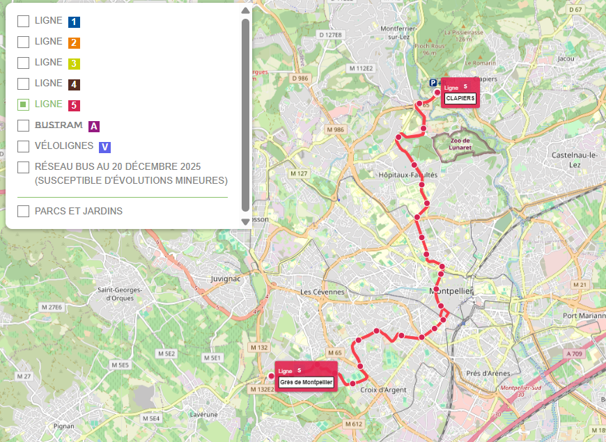 Carte interactive du tracé de la ligne 5 du tramway de Montpellier avec toutes les stations