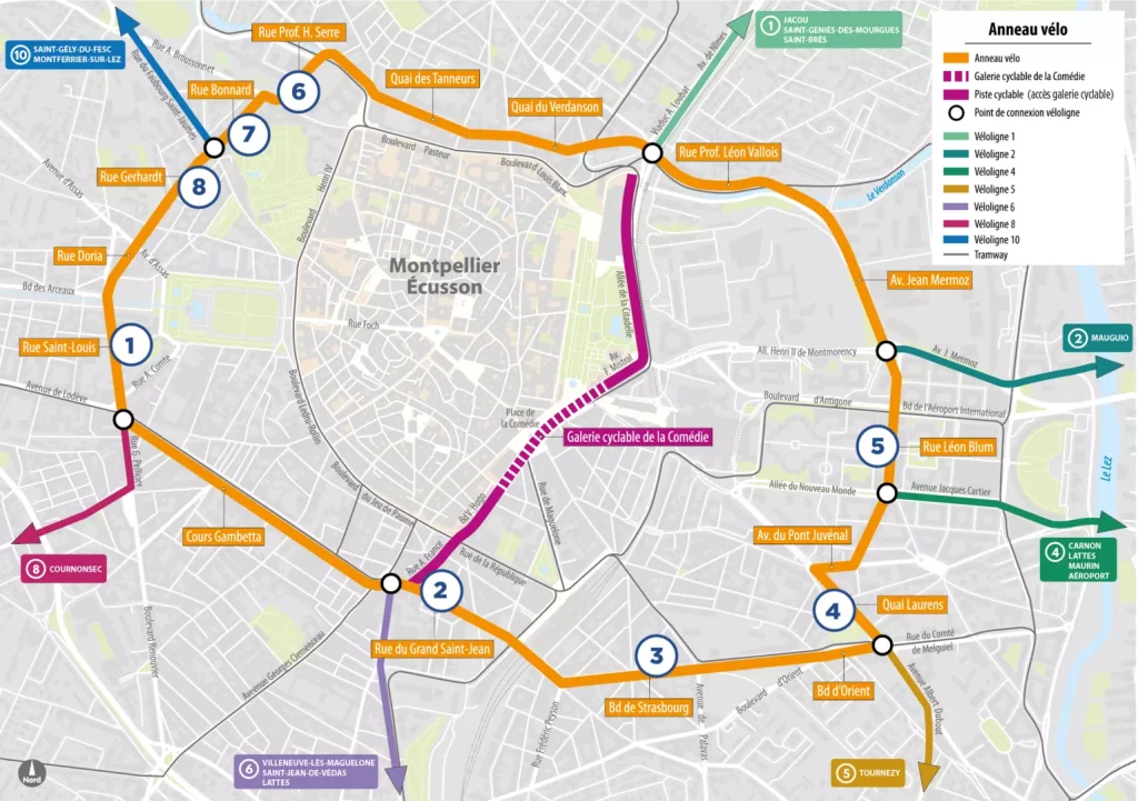 Carte de la piste cyclable principale à Montpellier