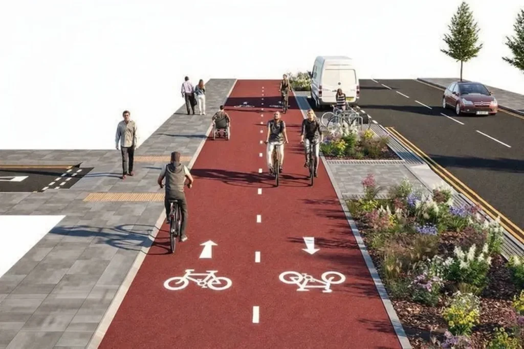 Infrastructure cyclable moderne favorisant la mobilité douce urbaine Piste cyclable bidirectionnelle sécurisée illustrant la mobilité douce en milieu urbain