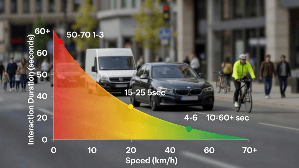 Graphique illustrant la relation inverse entre la vitesse de déplacement en km/h et la durée d'interaction avec les commerces en secondes