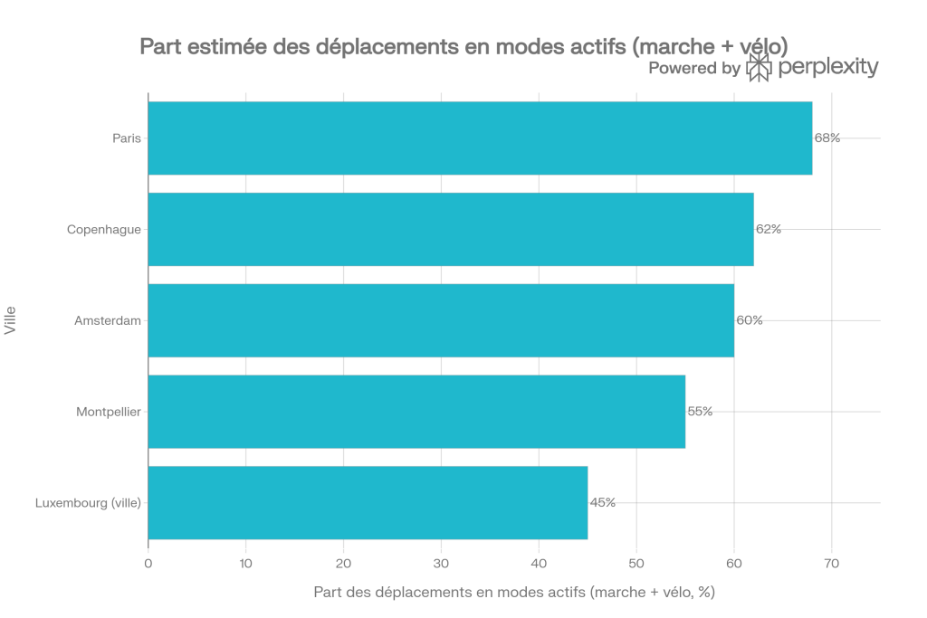 Part des déplacements à pied et à vélo dans cinq villes européennes Graphique en barres comparant la part de marche et vélo à Amsterdam, Copenhague, Paris, Montpellier et Luxembourg Ville.
