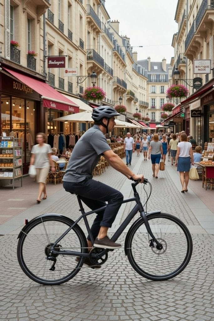 Cycliste circulant dans une rue commerçante animée avec terrasses et boutiques
