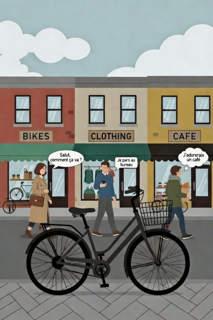 Illustration d'un vélo stationné devant des commerces de quartier avec des passants interagissant sur le trottoir