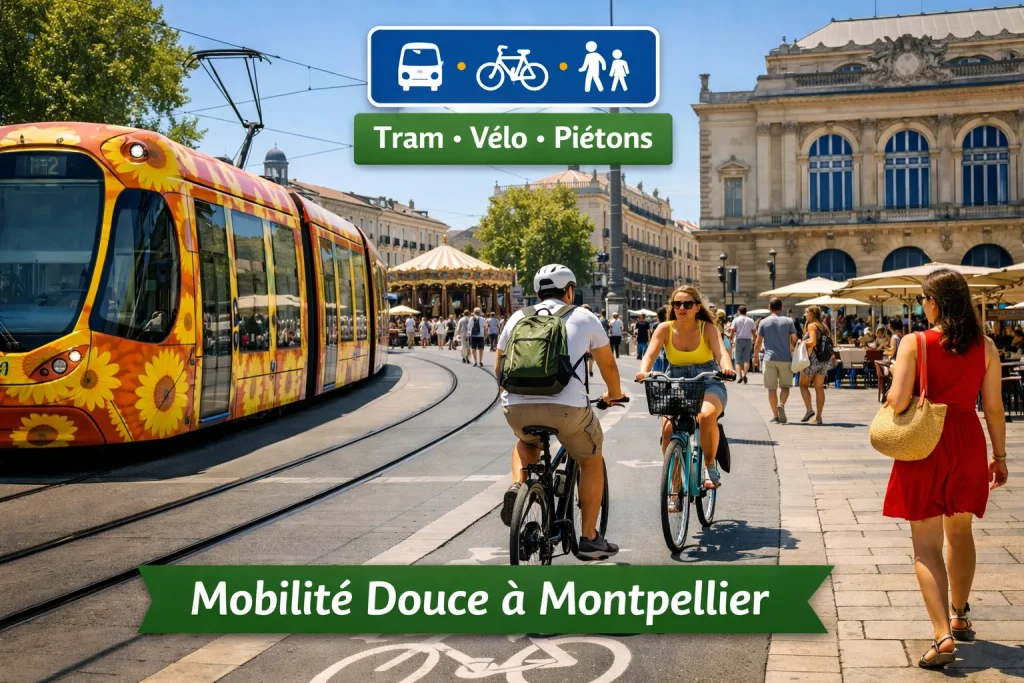 Tramway ligne 2 à Montpellier circulant aux côtés de cyclistes et de piétons dans le centre-ville optimisé