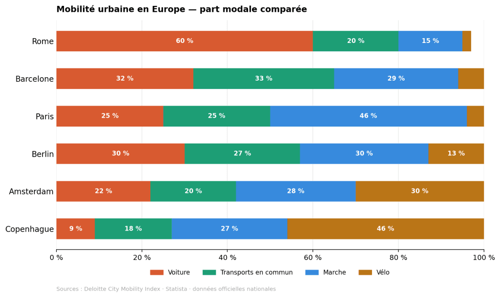 Graphique comparatif des modes de transport dans six grandes villes européennes : Copenhague, Amsterdam, Berlin, Paris, Barcelone et Rome, avec la répartition entre voiture, transports en commun, marche et vélo