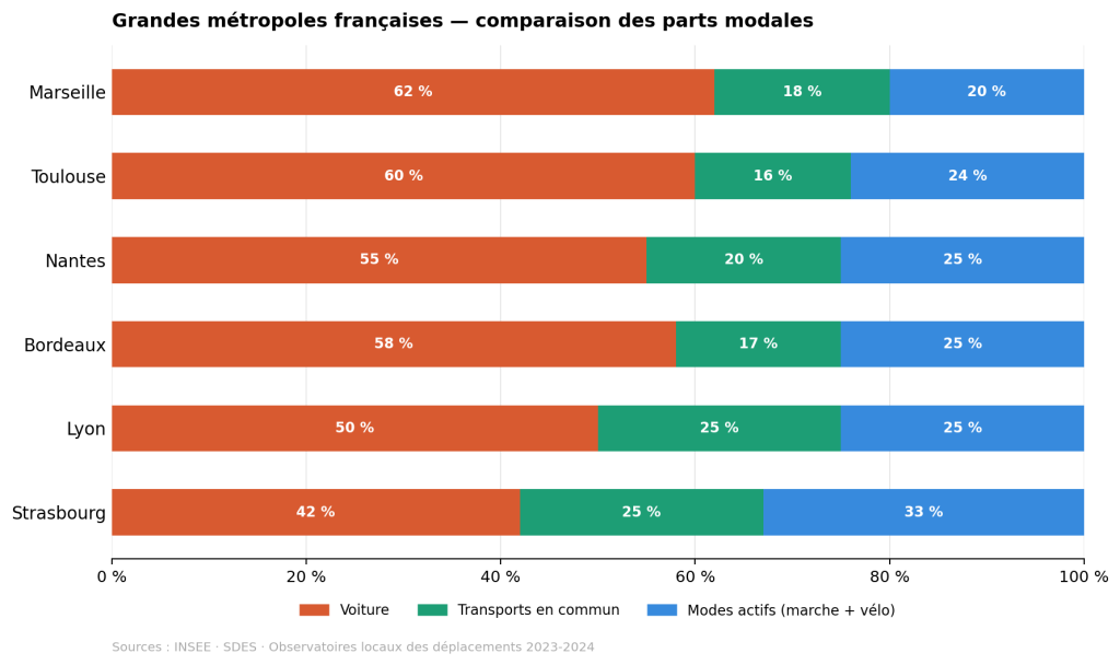 Graphique comparatif des parts modales dans six métropoles françaises : Strasbourg, Lyon, Bordeaux, Nantes, Toulouse et Marseille, réparties entre voiture, transports en commun et modes actifs