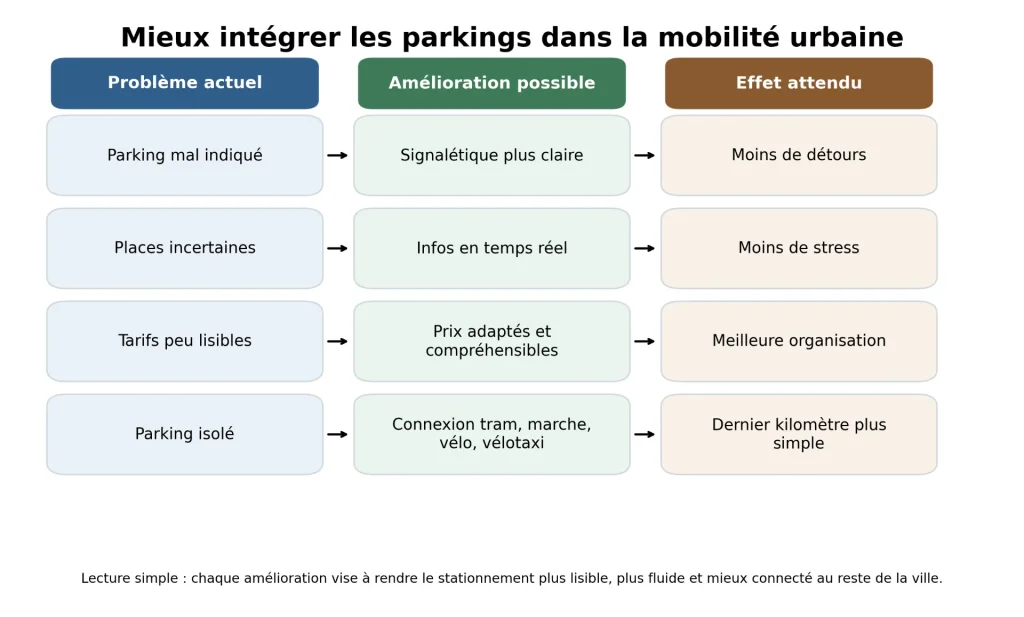 Mieux intégrer les parkings dans la mobilité urbaine Graphique montrant les améliorations possibles pour mieux intégrer les parkings dans la mobilité urbaine.